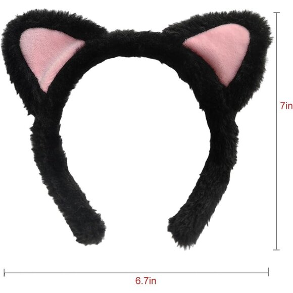 Women's Black White Cat Ears Headband 2-Pack Plush Fuzzy Hairbands for Cosplay - Picture 5 of 6